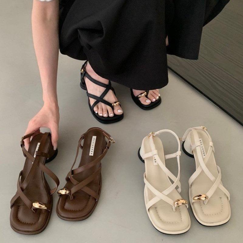 Fashion Sandals Designer New 2025 Dress Women Metal Decoration Ladies Narrow Band Buckle Thick Heels Female Shoes Outside Party Clip Toe