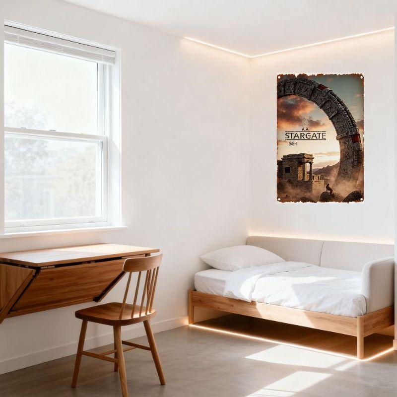 Vintage Stargate SG-1 Metal Tin Sign, Ancient Stone Gate with Symbols, Desert Landscape, Dog & Temple Structure, Warm Color Sche