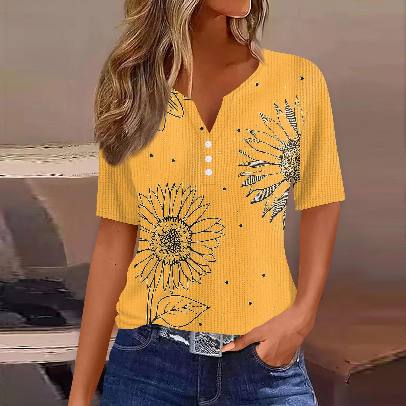 

Футболки для женщин, плиссированные, с V-образным вырезом, нарядные, повседневные блузки с принтом, короткие рукава, летние топы, свободный крой XL жёлтый