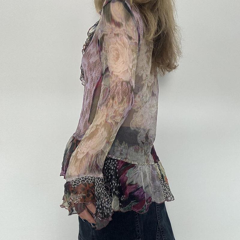 Printed Lotus Leaf Edge Lace-up Mesh Top Retro Light and Thin Niche Slim-fitting Horn Long Sleeve