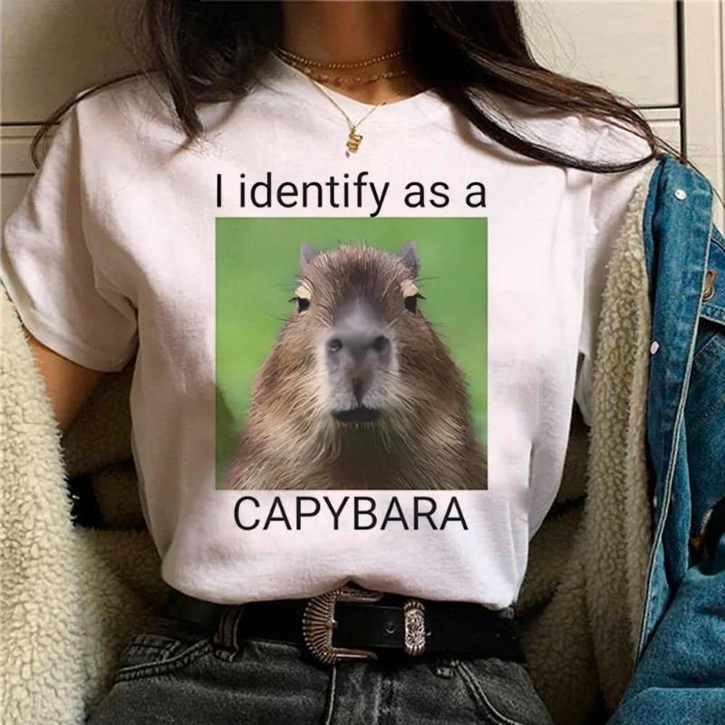 Summer Minimalist Capybara Pattern Printed Loose Round Neck Pure Cotton Short Sleeved Shirt T-Shirts Women’s