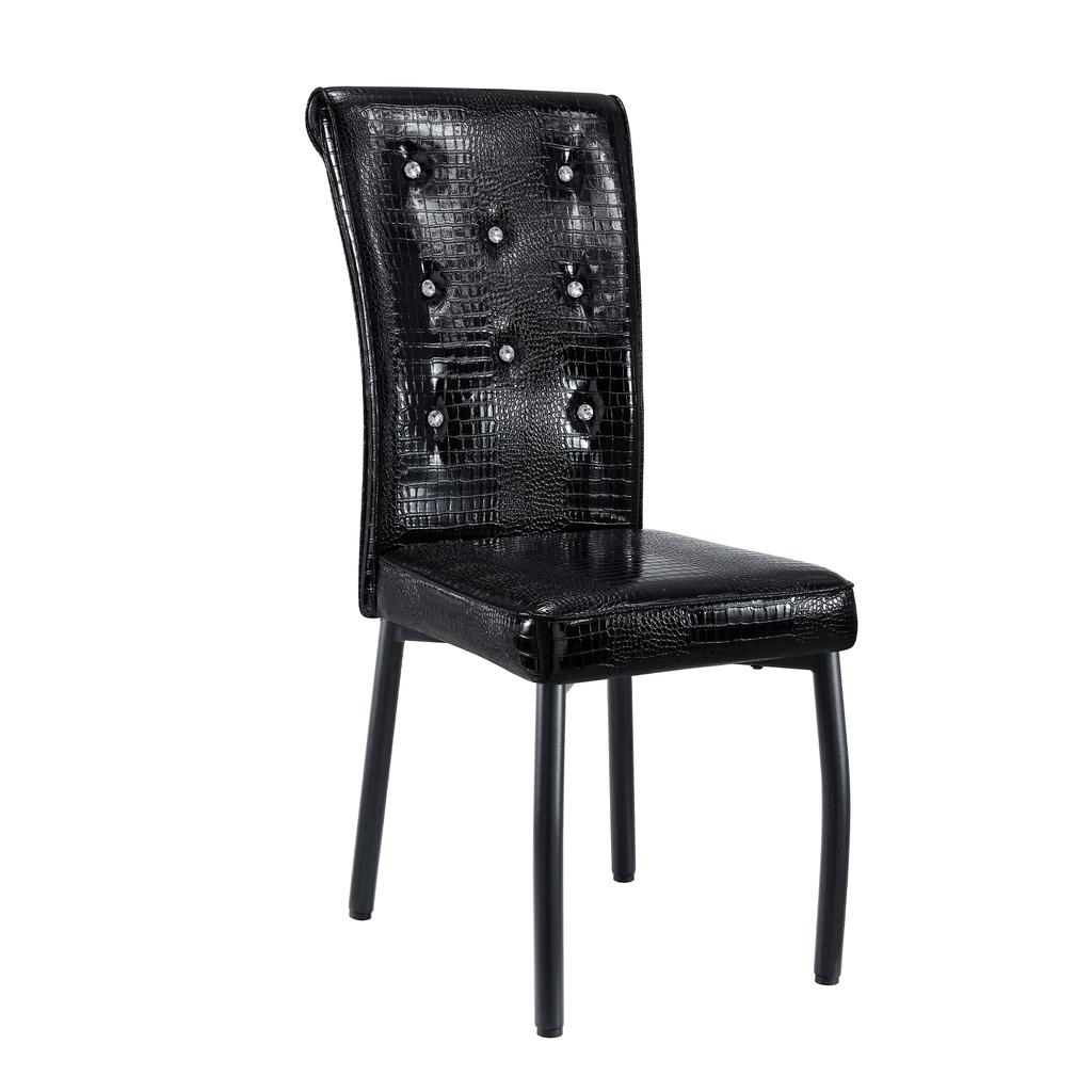 A Set of 2 Black Vintage Crocodile Leather Upholstered Dining Chairs, with Crystal Buckle and Faux Leather, Add Elegance and Mystery To Dining Area