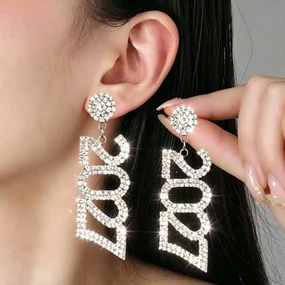 Sparkling 2027 Number Rhinestone Earrings for Women New Year Party Dangle Drop Earrings Fashion Jewelry Gift