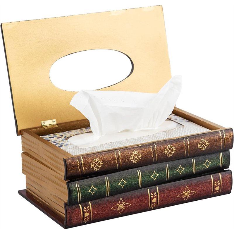SHGO-Classical Retro Wooden Crafted Antique Book Tissue Box Cover Rectangular Tissue Dispenser Paper Holder Case 1Pc