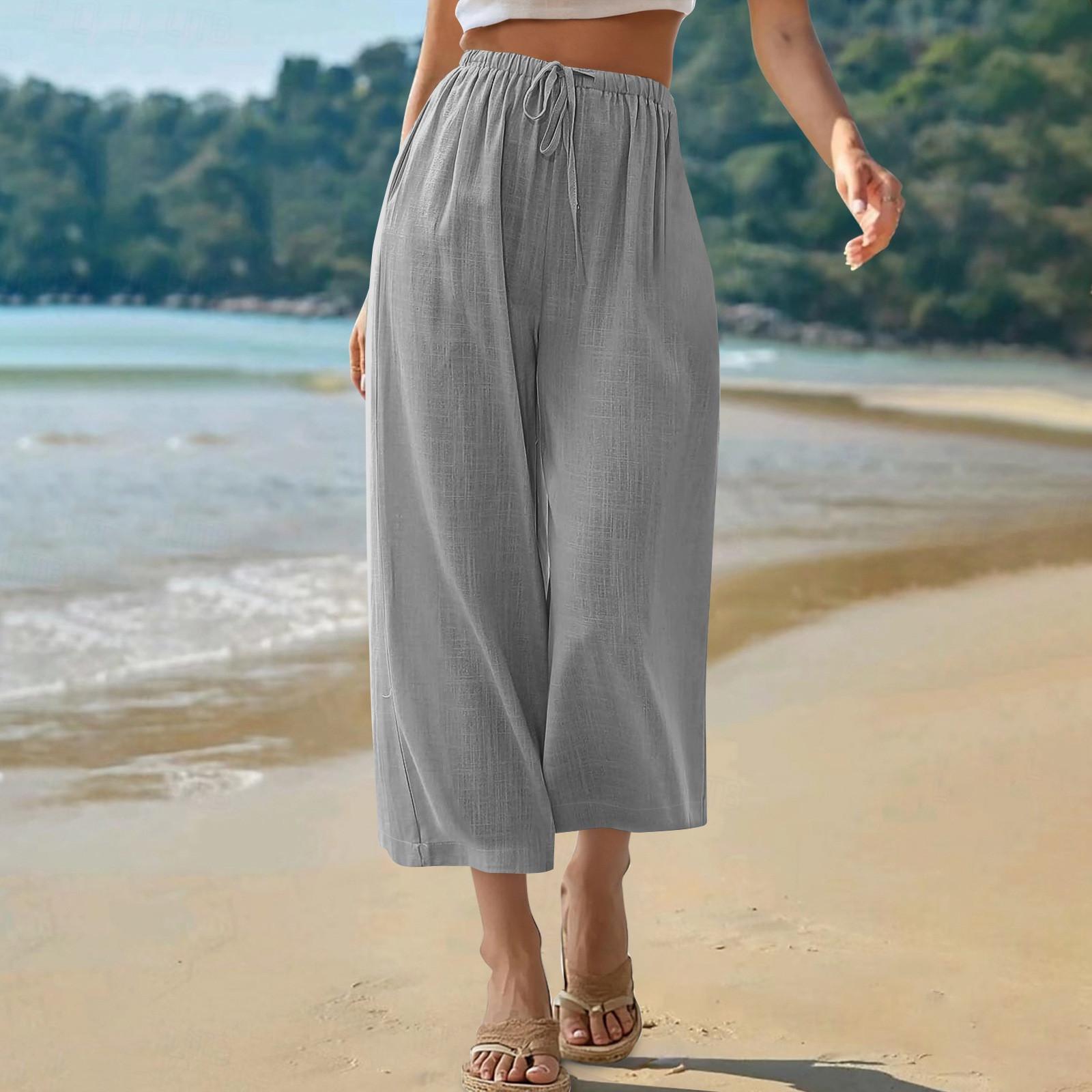 

Жіночі штани-капрі, бавовна, льон, повсякденні літні прямі широкі брюки, вільні укорочені штани на шнурку з еластичною талією XXL