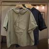 Men's Solid Color Short-Sleeve Hooded T-Shirt with Zipper and Pocket Design - Trendy Summer Workwear.