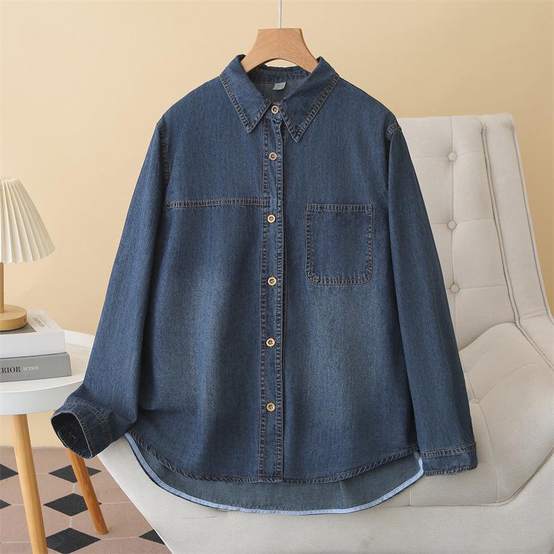 

2026 Spring Plus Size Denim Long Sleeve Cardigan Shirt for Women - Slimming Fit, Casual Lapel Jacket 4XL темно-синього кольору