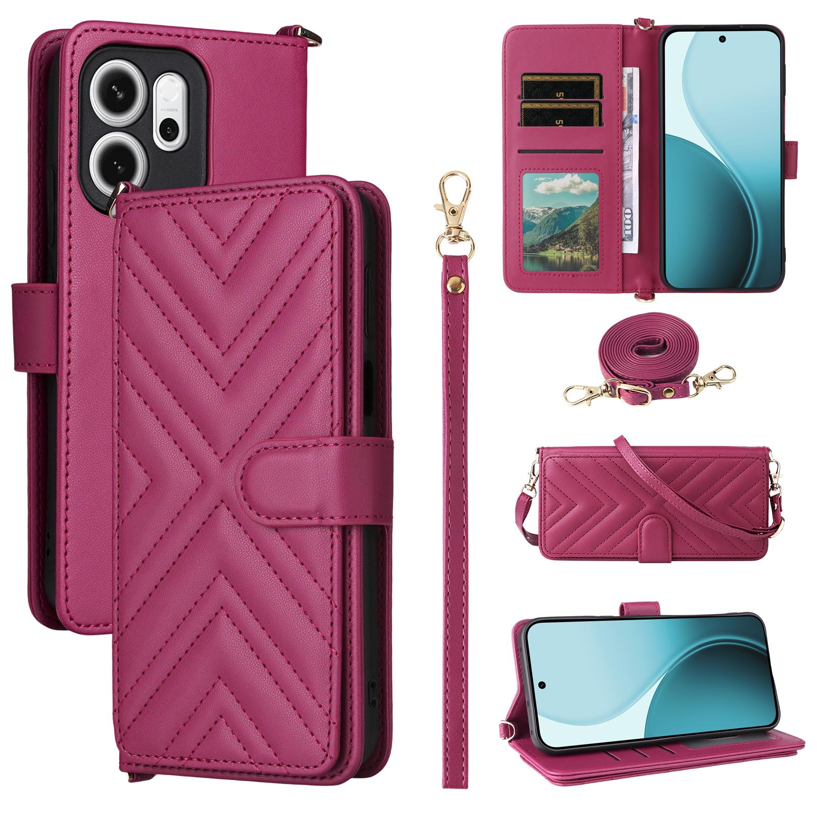 

For Oppo Reno14 F 5G Case with Shoulder/Wrist Strap Leather Phone Cover Stand Wallet Rose