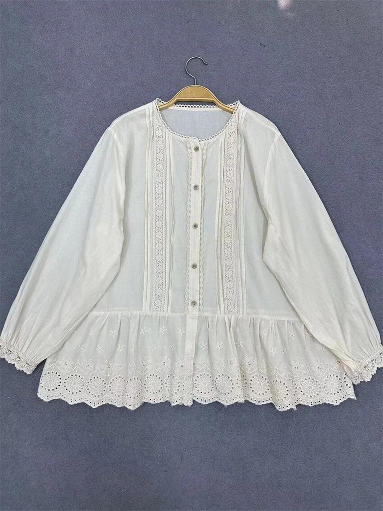 Johnature Předjaří Japonská dívka Mori Bavlna Košile s dlouhým rukávem Volné Sladké volánky Dámské halenky