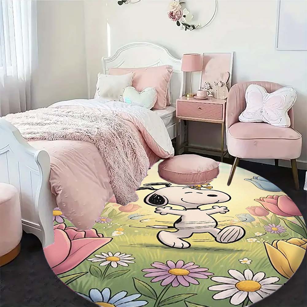 Cute Peanuts Snoopy Round Rug Anti-Skid Floor Carpet for Living Room Bedroom Children Room Home Decoration