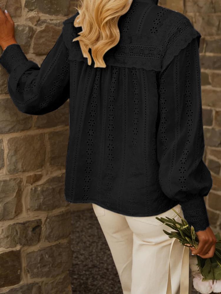 2026 Spring/Autumn European & American Women's Solid Color Embroidered Hollow Top - Holiday Style