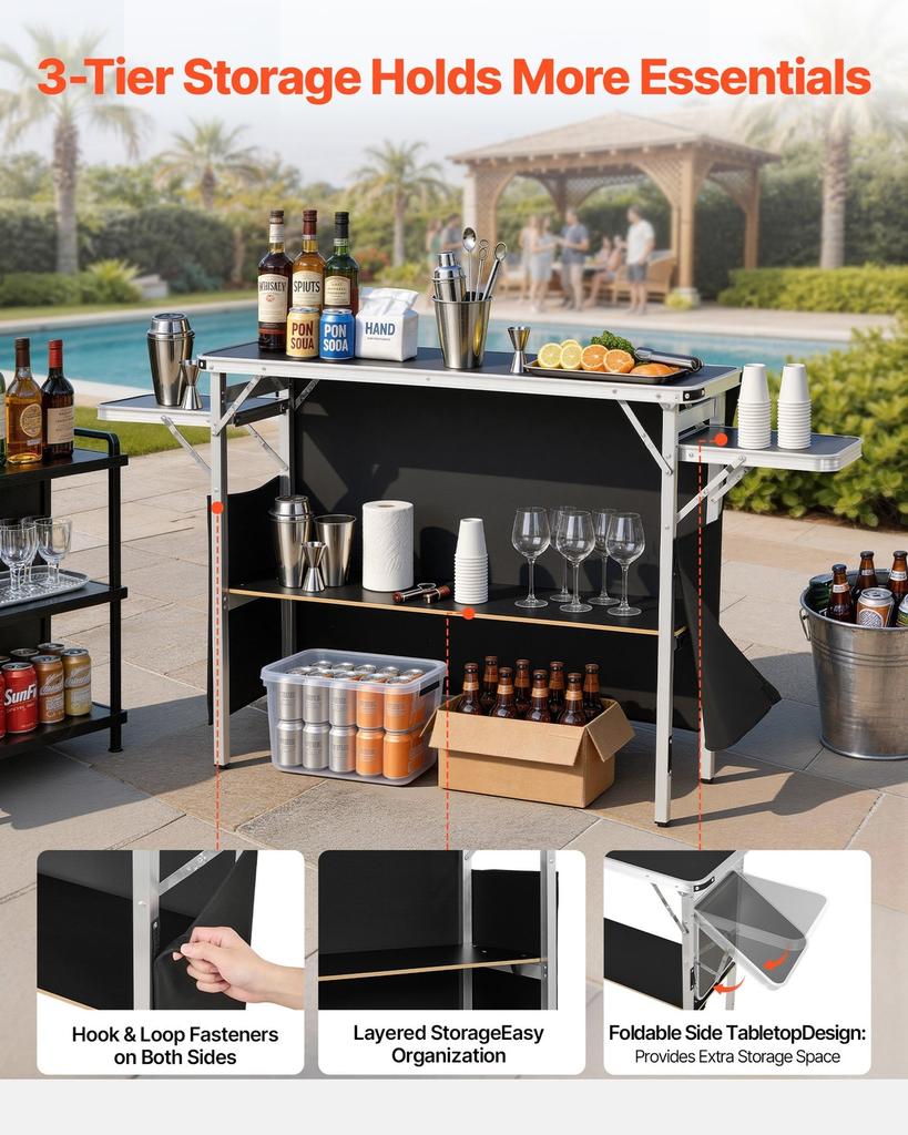 Folding Portable Bar Table, 1100 X 390 X 880 Mm, with Carry Bag, Storage Shelf, and Detachable Skirt, Quick and Easy Setup, Foldable Mobile Bartending