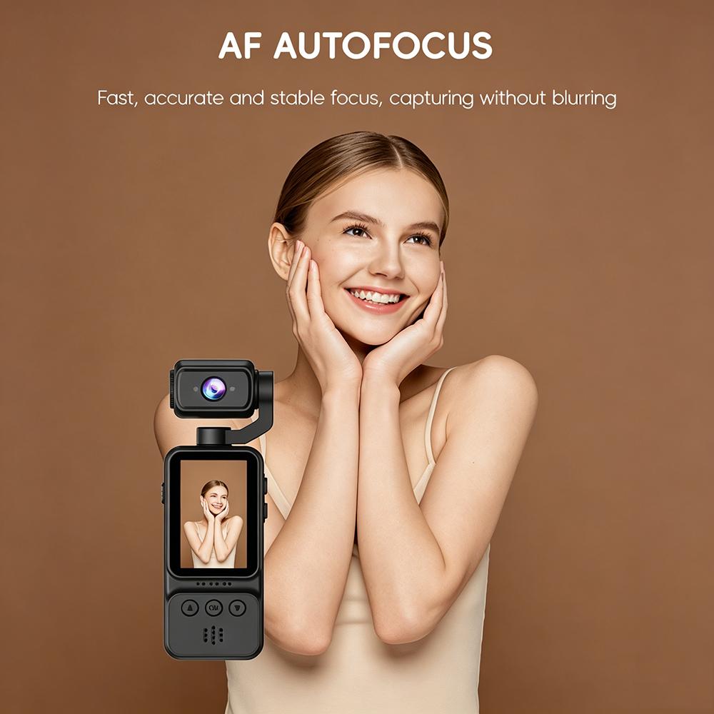 4K Ultra HD Pocket Action Camera 180° Rotatable Lens AF Autofocus Vlog Camera with 1.97" Screen Portable Body Cam for Travel Vlogging Daily Recording