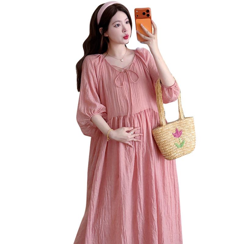 2026 Korean Loose-Fit Maternity Cotton Linen Dress