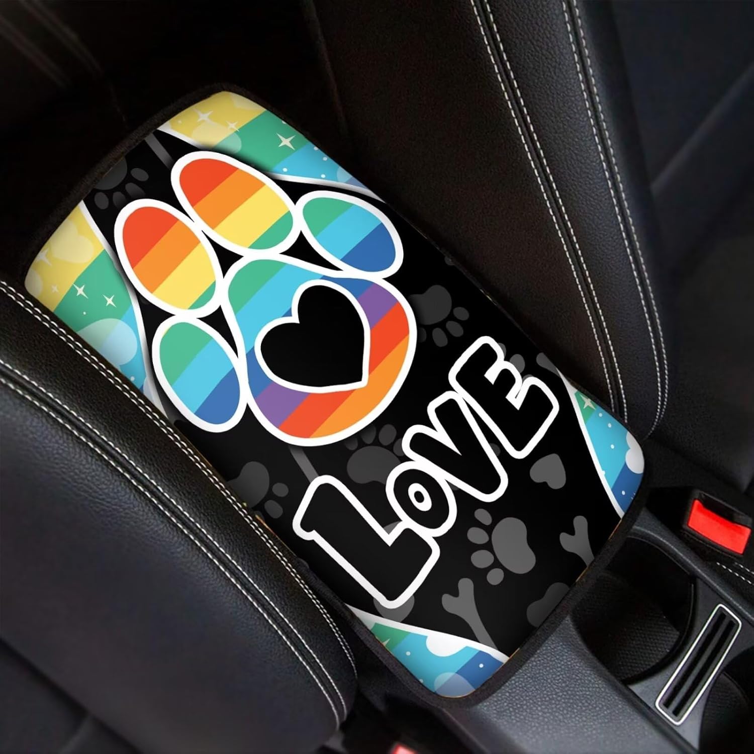 

UNICEU Auto Interior Decor Armrest Cushion Cover, Animal Dog Paw Love Heart Print Neoprene Car Center Console Armrest Cover Pad, Universal Dog Paws Heart Colorful S
