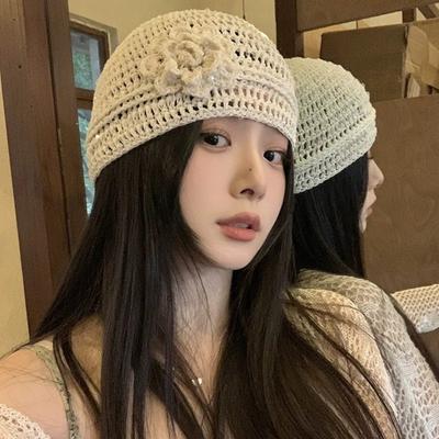 Casual Hand-woven Flower Knitted Caps Hollow Y2k Sequin Crochet Hat Thin Versatile Beanies Cap Spring Summer
