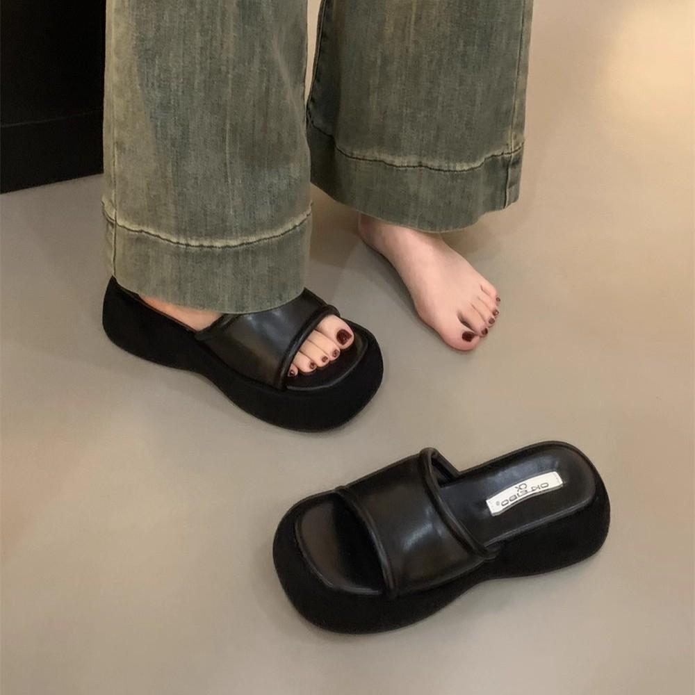 Small Person Increases Height, Thick-soled Cool Slippers, Women's Shoes Wear Summer Muffin Soles, Sandals Are Versatile, and Black One-word Drag Shoe