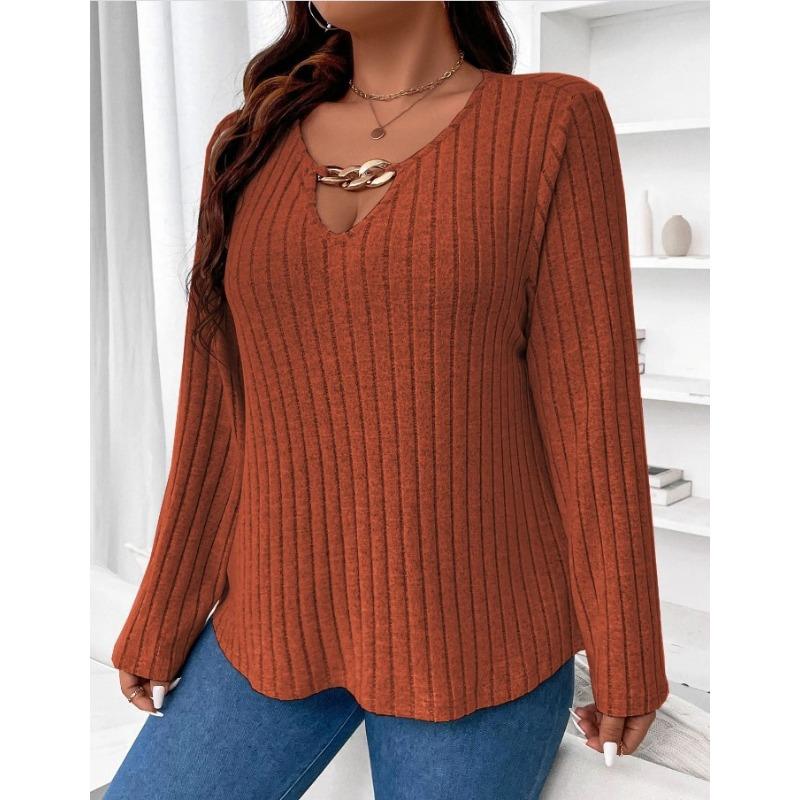Women's Fashion Plus Size Casual Fall Winter Solid Color Print Long Sleeve V-Neck Pullovers & Long Sleeves