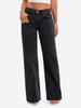 Womens Mid Rise Wide Leg Jeans Black Wash Full Length Casual Denim Pants with Pockets
