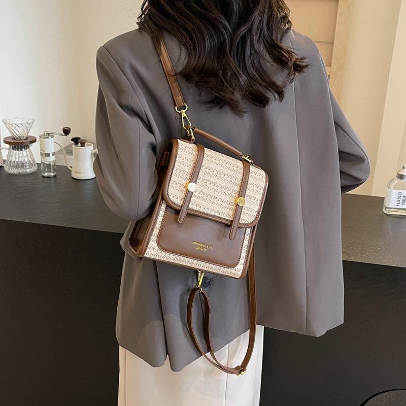 Woven Double Backpack Women's 2025 Spring New Shoulder College Style Niche Retro Handbag