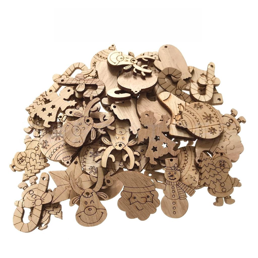 50PCS Mini Christmas Tree Snowflakes Stars Moose Bells Hats Socks Angels Christmas Unfinished Blank Wood Pieces Wood Slices