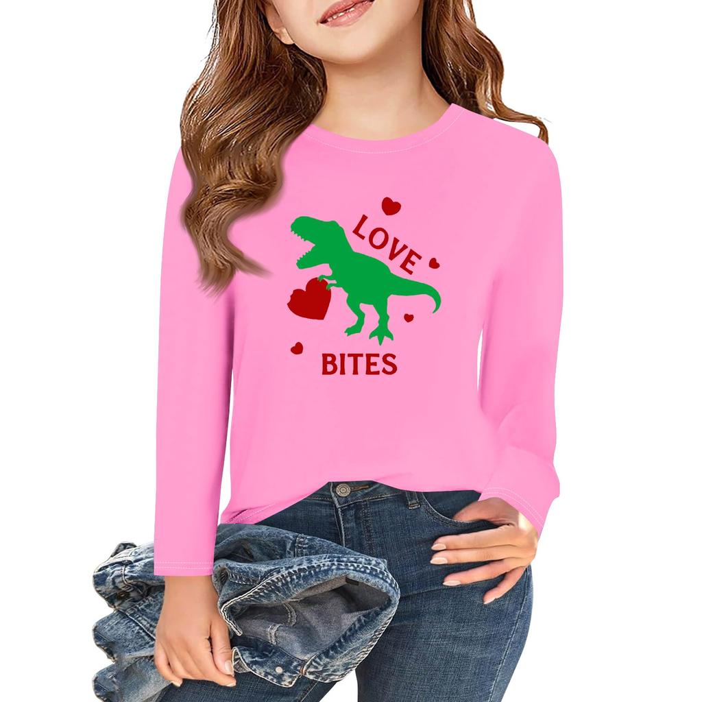 Dziewczęce koszulki z długim rękawem Love na Walentynki, dziecięce jesienne topy, basicowe koszulki z okrągłym dekoltem 5-14L