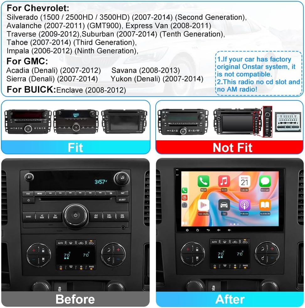 8' Touch Screen Car Stereo for Chevy Silverado GMC Sierra, Android 13 Radio with Wireless CarPlay, Android Auto, GPS, Bluetooth,