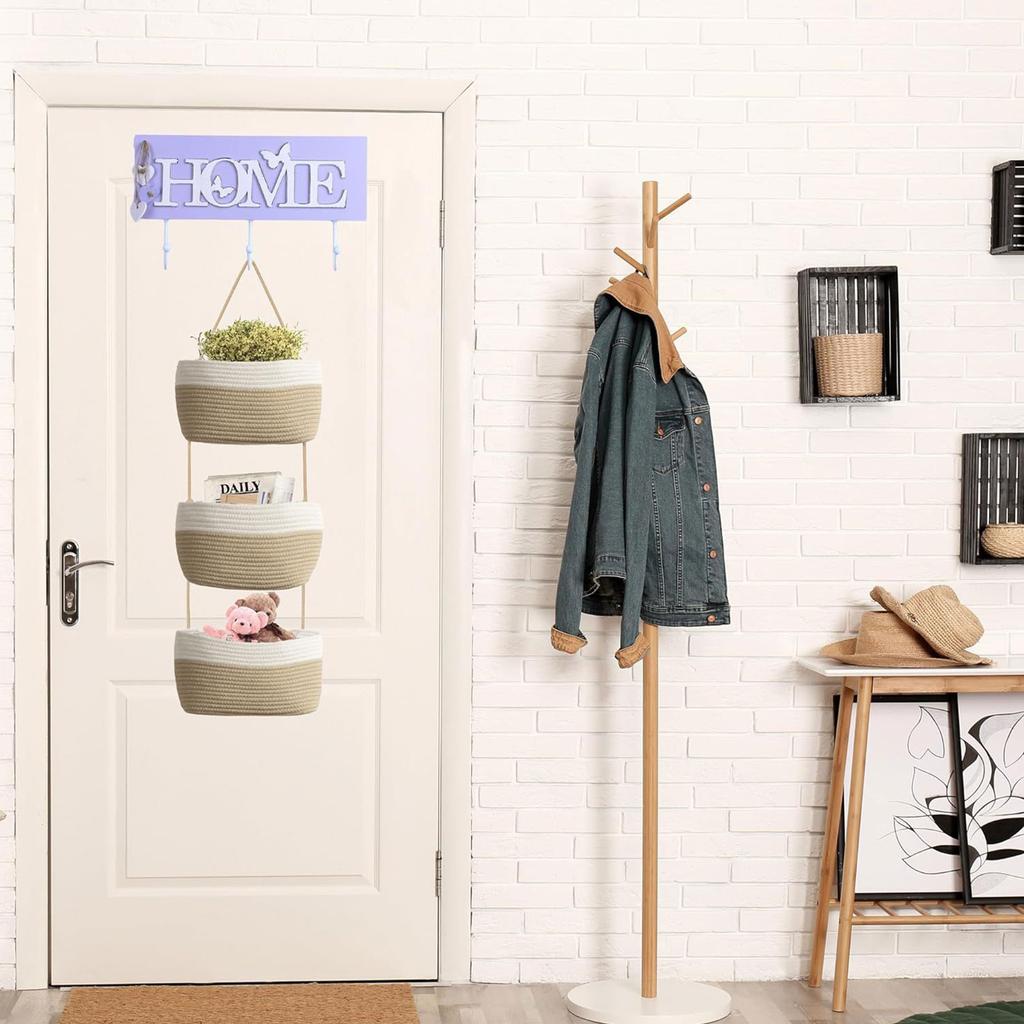 3 Tierd Hanging Basket Wall Mounted Storage Basket with Multiple Compartments Handwoven Fruit and Vegetable Organizer