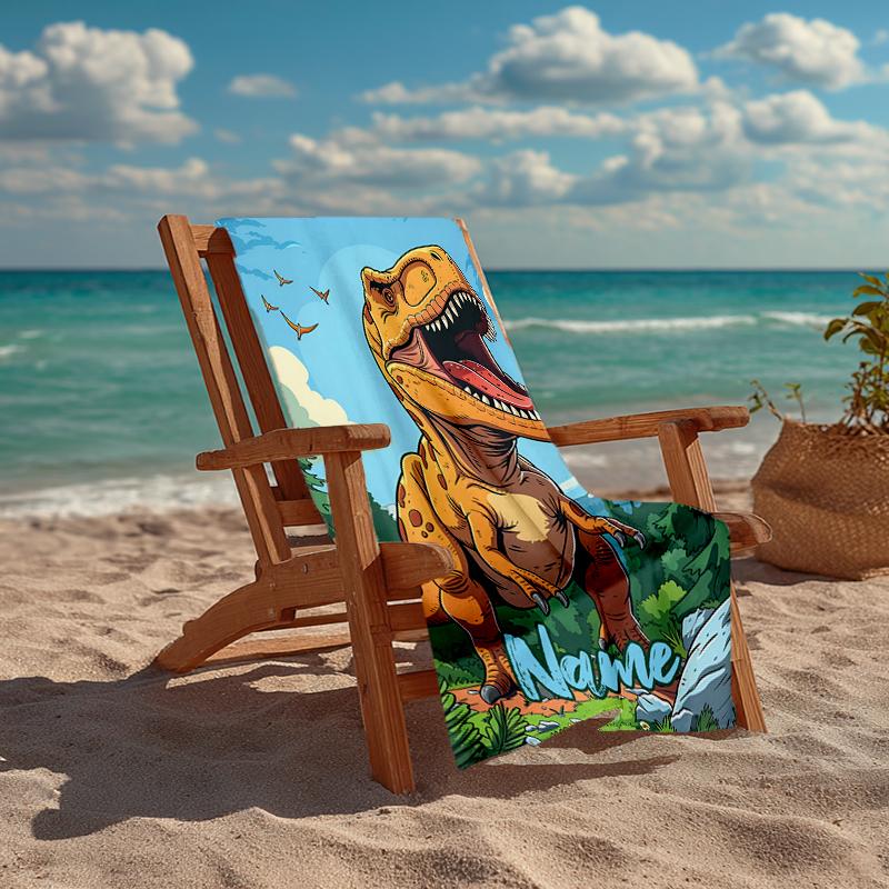 Custom Name Ultra-Soft Beach Towel with Dinosaur Theme,Ideal for Pool - Camping, Diving - Perfect Travel Essential, Vibrant Beach Towel.