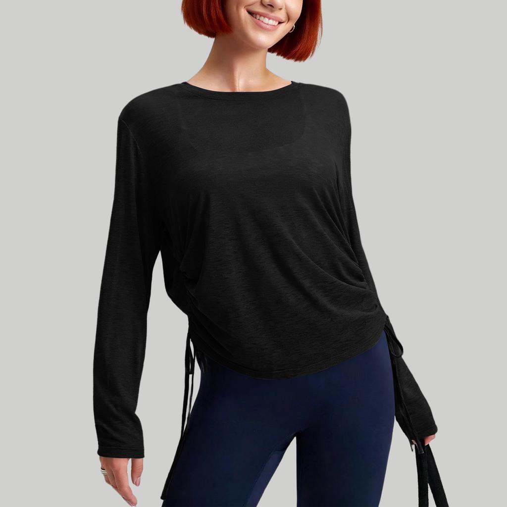 Women's Loose,Fit Breathable Side Drawstring Long,Sleeve Cover,Up Yoga Top