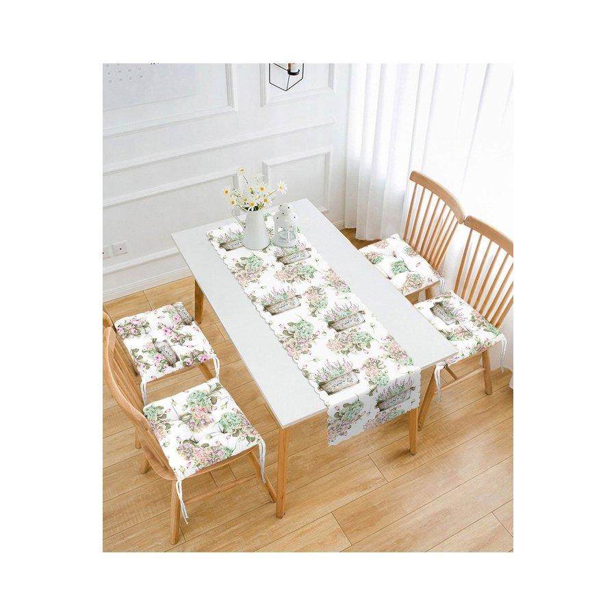 Conjunto de almofadas de cadeira impressas digitalmente com design de padrão de flor / 4 peças de almofadas de cadeira quadradas de 40 × 40 cm e corredor de 1 peça