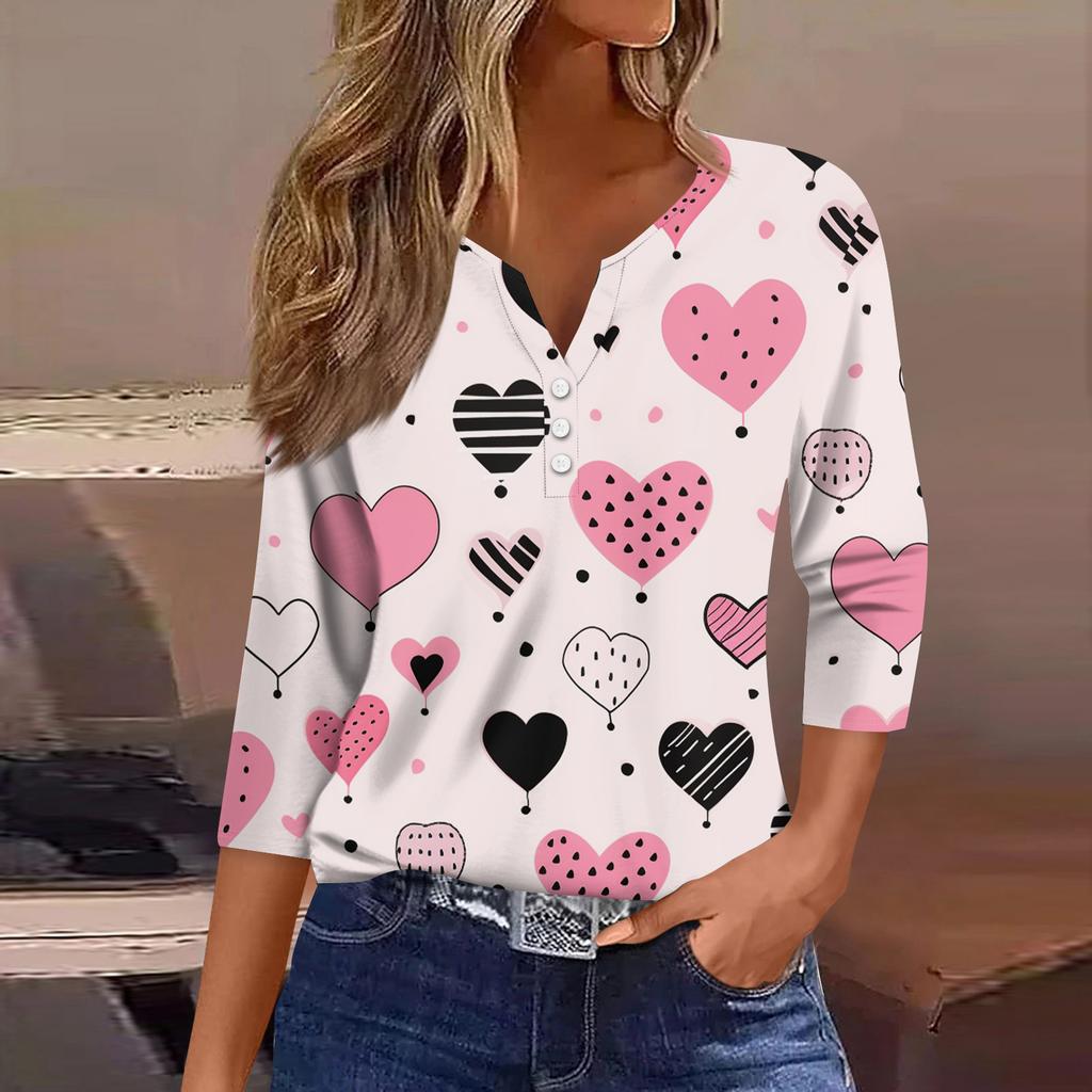 Women's Fashion Button-Up V-Neck Three-Quarter Sleeve Valentine's Day Print Top