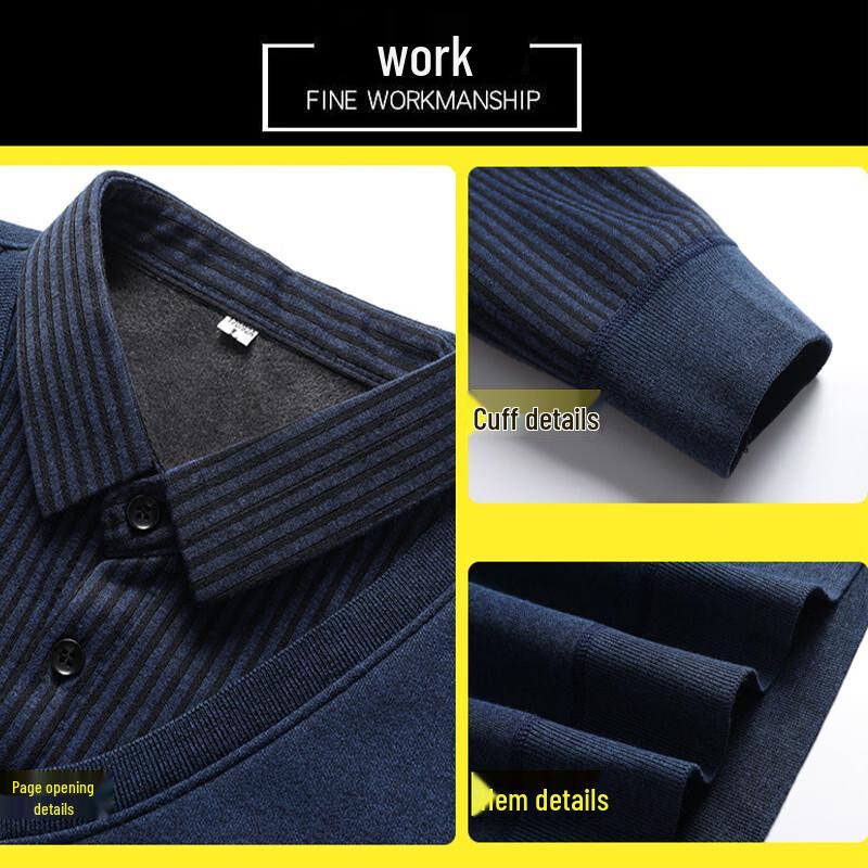 Romon Men's Fleece-Lined Faux Two-Piece Sweater with Shirt Collar