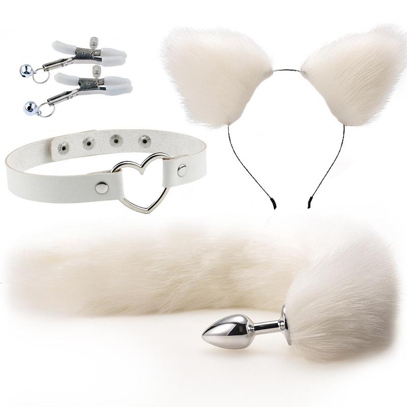 Cute Fox Tail Anal Plug Cat Ears Headbands Set  Nipple Clip Neck Collar Erotic Cosplay Sex Toys For