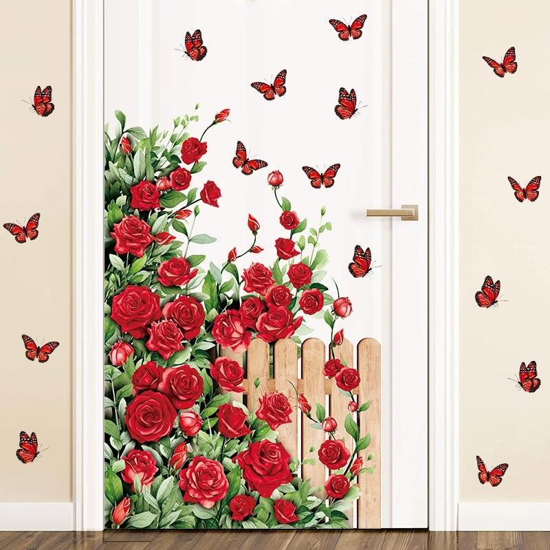 Valentine'S Day Rose Wall Sticker Vine Fence Butterfly Removable Stickers Pvc Self-Adhesive Party Atmosphere Decorative Decals