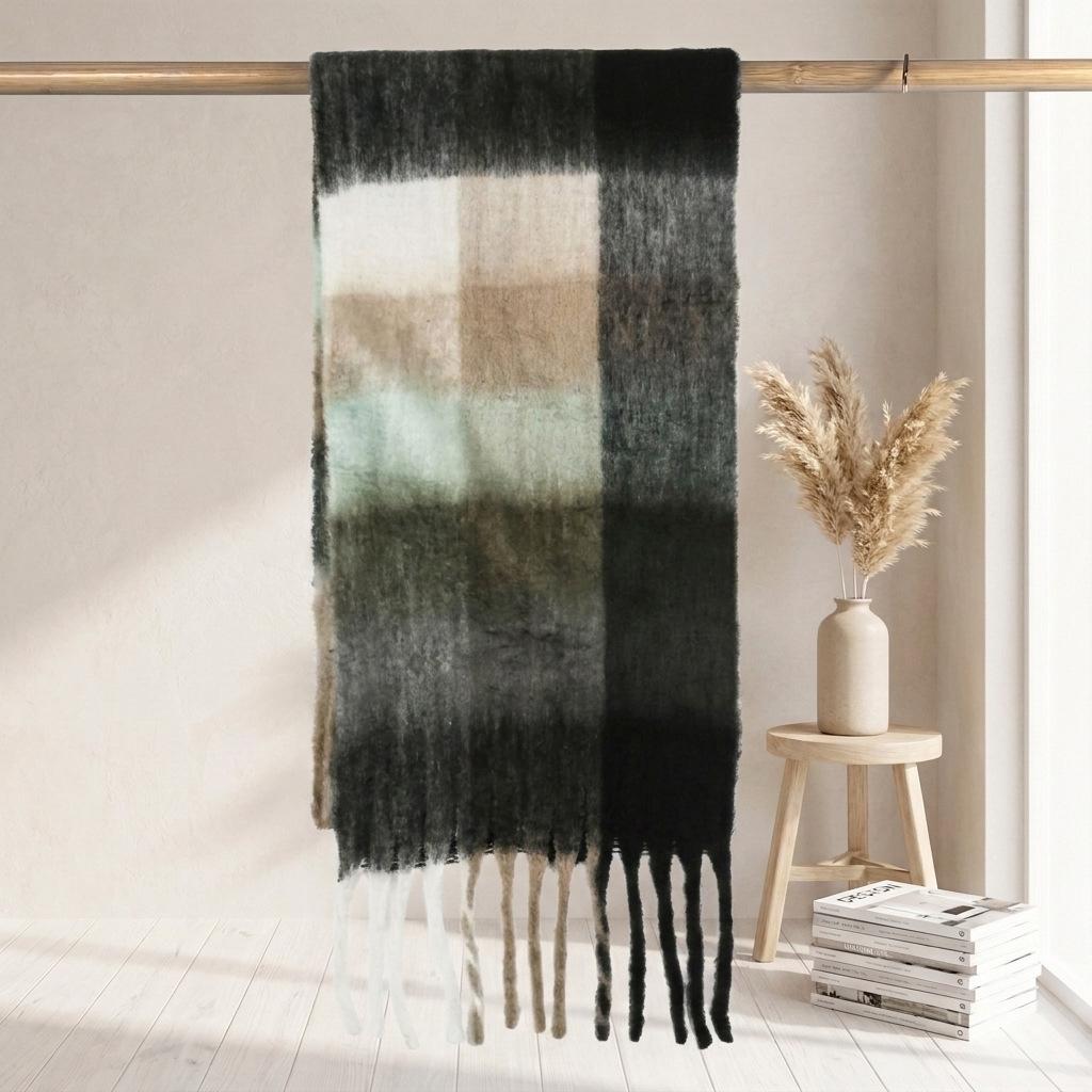 Women's High-Grade Colorful Plaid Mohair Scarf - Thick, Warm, and Versatile for Winter