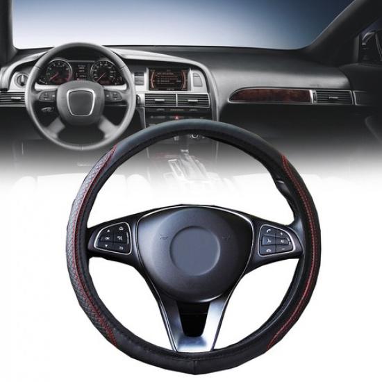15 PU Car Steering Wheel Leather Cover Good Grip Red Black Stitch Leather Trim