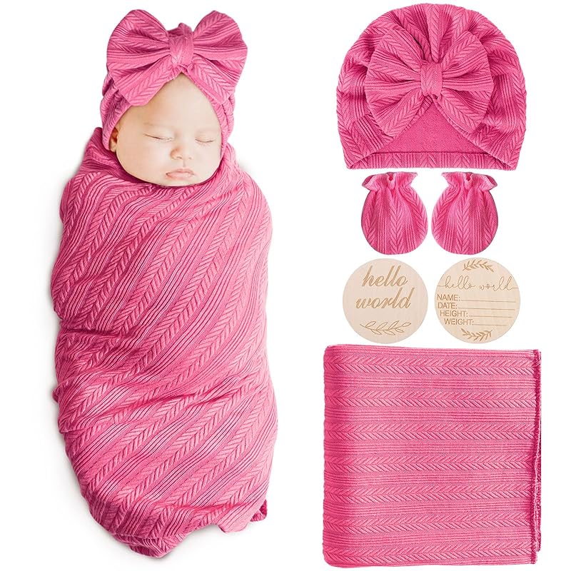 Newborn Receiving Blanket with Bow Hat Mittens Wooden Card Set Wheat-Pattern Newborns Toddler Baby Boy Girl Nursery Swaddle Wrap