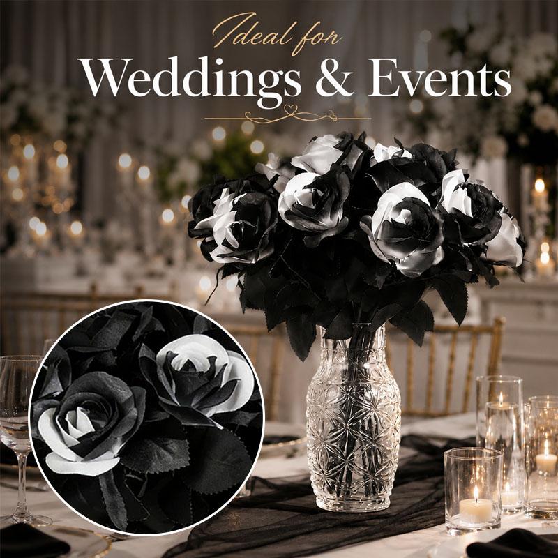 Black Artificial Roses Long Stem Fake Flowers with Leaves Home Decor for Halloween Valentine Weddings Party