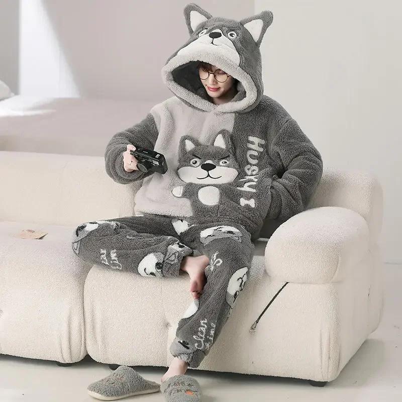Herbst Winter Homewear Coral Fleece Herren Pyjamas Dickes Fell Flanell Cartoon Männliche Loungewear Sets Plus-Size Loungewear Anzug Pyjamas