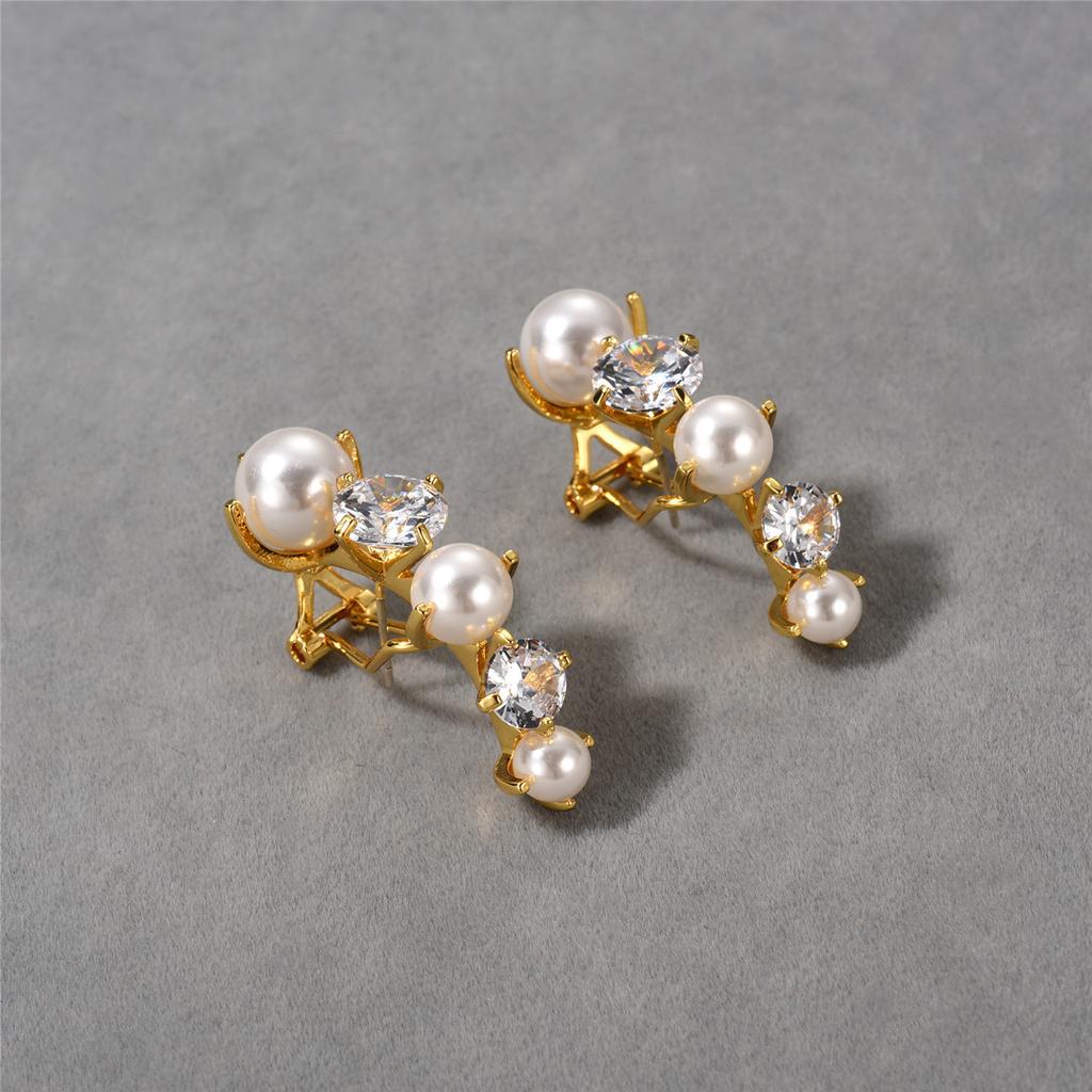 High Sense Light Luxury Temperament Brass Plated 18K Real Gold Inlaid Pearl Diamond Ear Buckle Earrings Fashion Earrings