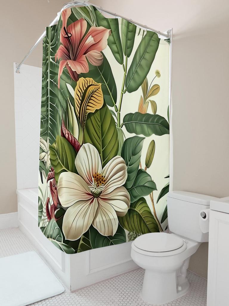 Exotic Tropical Plant Shower Curtain - Vibrant Floral Design For Bathroom Decor - Durable Waterproof Fabric With Rustproof Hooks