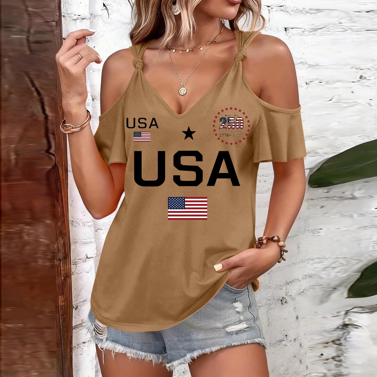 Women s Casual Fashion Independence Day Printed Strappy Neck Off-Shoulder Short-Sleeve T-Shirt S