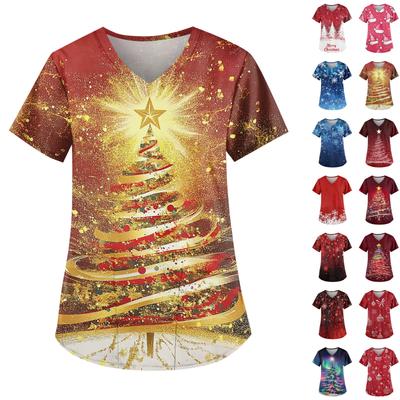 Bedruckte Scrub-Arbeitsuniform-Oberteile für Damen in Übergröße, kurzärmelig, V-Ausschnitt, lustige T-Shirts, Arbeitskleidung, T-Shirt mit Taschen