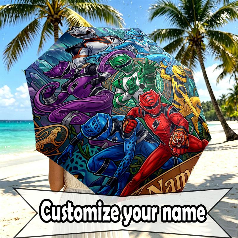 Custom Name Personalized Power Rangers Print Umbrella, Auto Open Close, 8‑Rib Sturdy Frame, Commute Camping Hiking Use, Birthday Gift