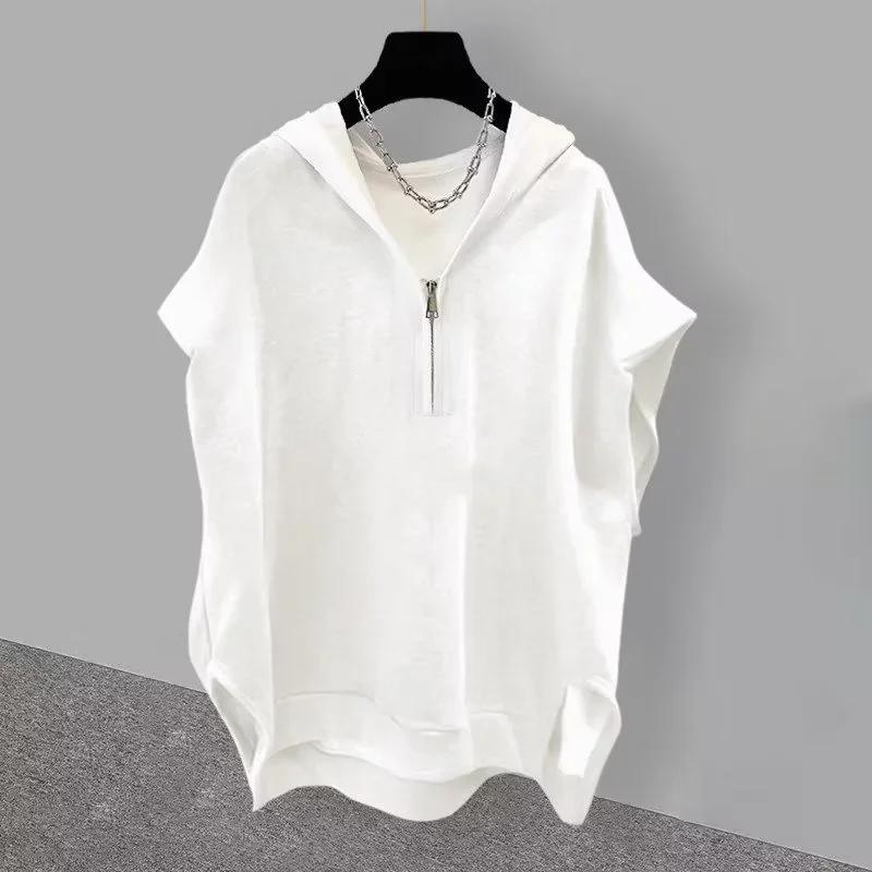 Summer Men's Zip up Sleeveless Hooded T-shirt Korean Fashion Tank Tops Y2K Streetwear Casual Vests Hip Hop Tee Shirts