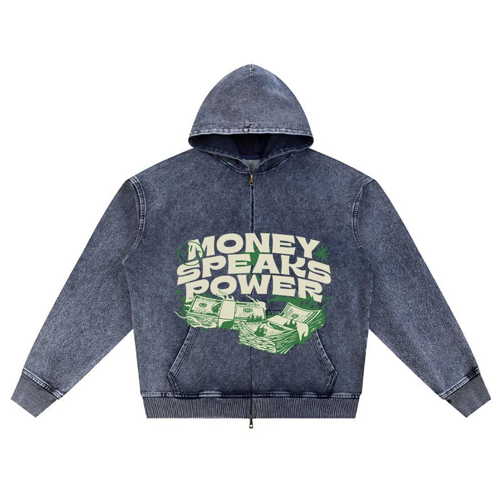 DTG Print Knitted Denim Zip-Up Hoodie Money Speaks Power Brother Print Zipper Hoodies