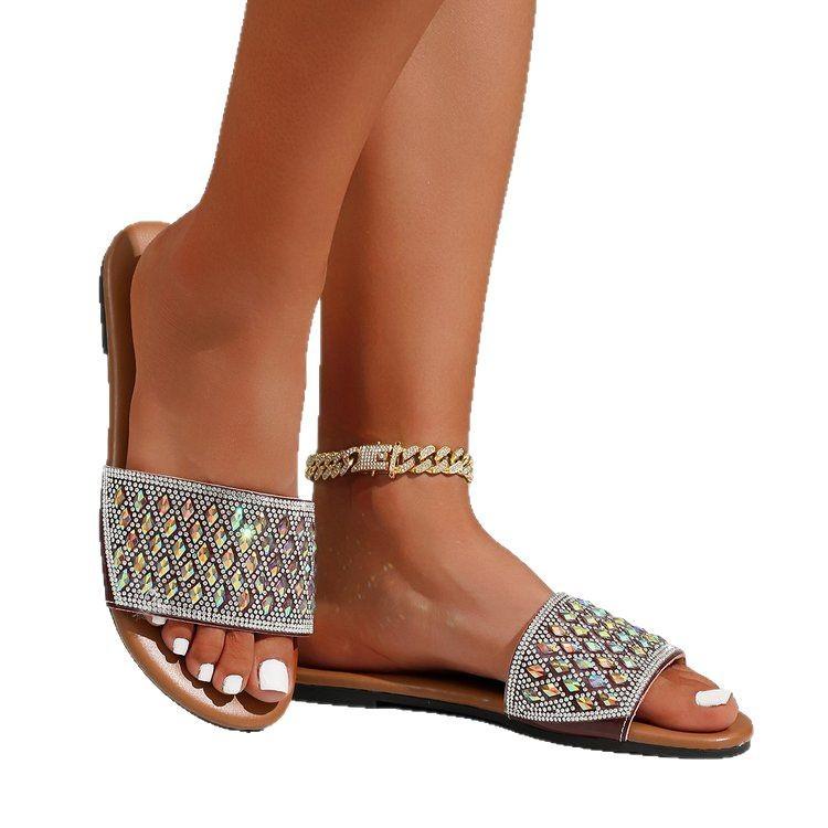 Large size flat-bottomed slippers women's summer new round-headed rhinestone one-word casual beach cool slippers