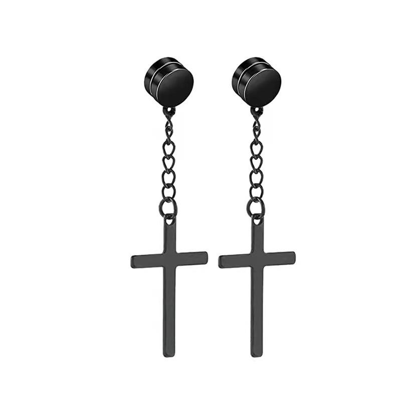 

Unisex Chain Barbell Tassel Iron Sucking Cross Dangle Earrings 8MM Black 1 Pair