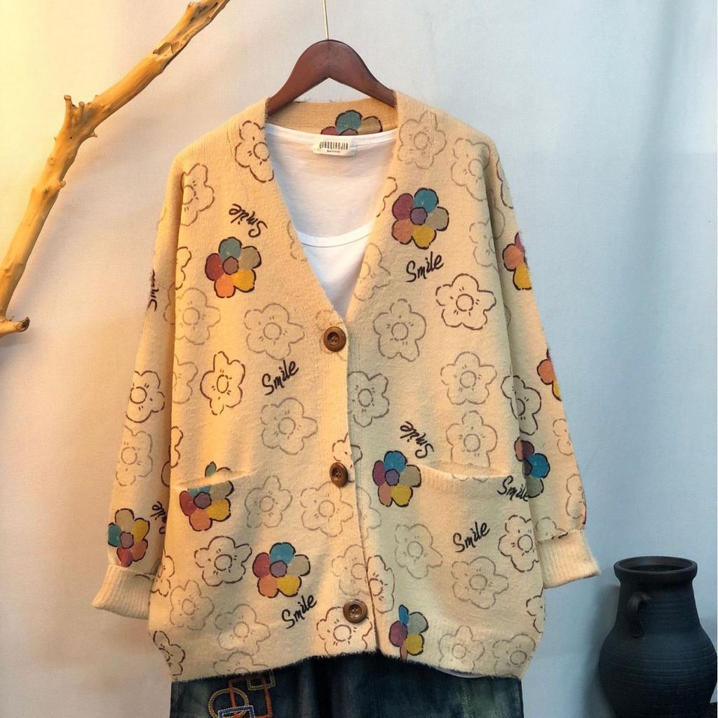 Factory new autumn and winter cute printed imitation mink velvet jacket women's Korean version loose lazy sweater